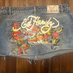 Ed Hardy Jean mini skirt with Colorful Tattoo-Style Backprint